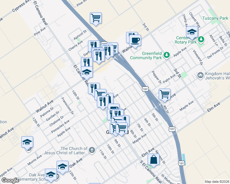 map of restaurants, bars, coffee shops, grocery stores, and more near 412 7th Street in Greenfield