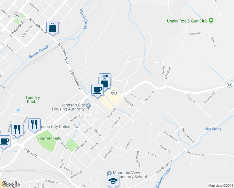 map of restaurants, bars, coffee shops, grocery stores, and more near 1735 East Main Street in Johnson City