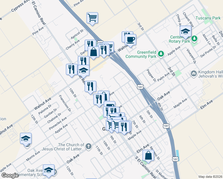 map of restaurants, bars, coffee shops, grocery stores, and more near 412 7th Street in Greenfield
