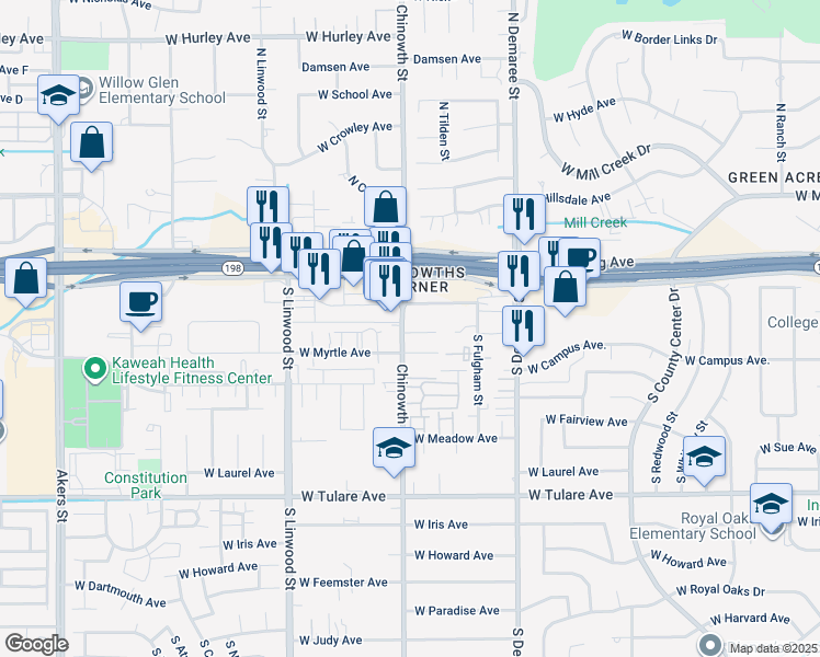 map of restaurants, bars, coffee shops, grocery stores, and more near 604 South Chinowth Street in Visalia
