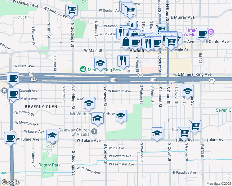 map of restaurants, bars, coffee shops, grocery stores, and more near 715 West Kaweah Avenue in Visalia