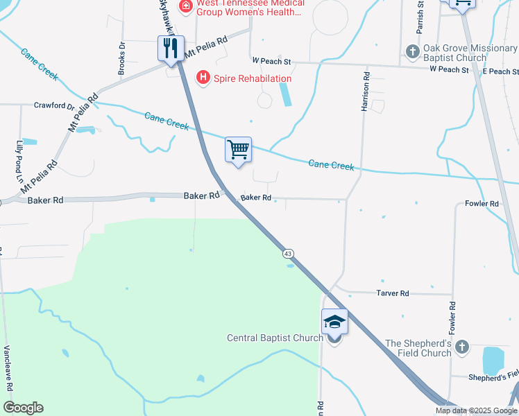 map of restaurants, bars, coffee shops, grocery stores, and more near 586 Baker Road in Martin