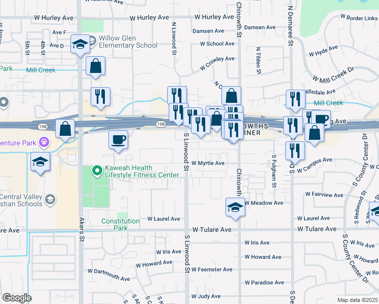 map of restaurants, bars, coffee shops, grocery stores, and more near 606 South Linwood Street in Visalia