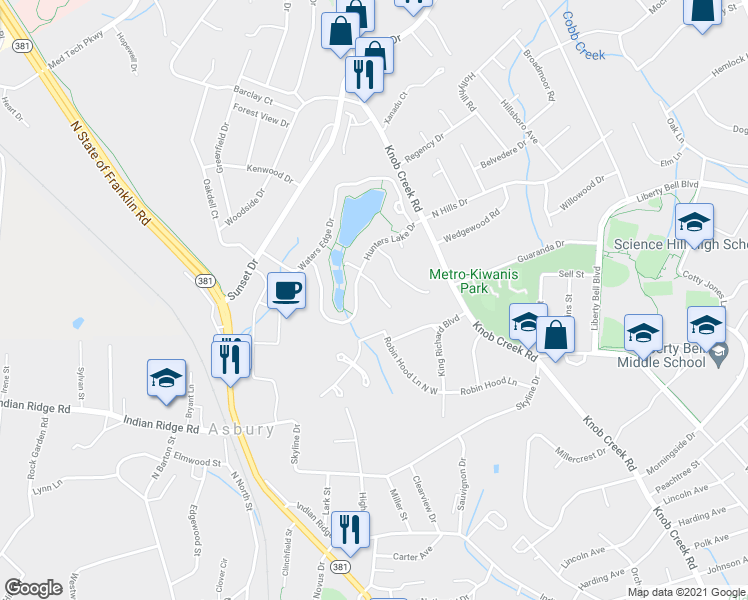map of restaurants, bars, coffee shops, grocery stores, and more near 4 Fox Run Lane in Johnson City