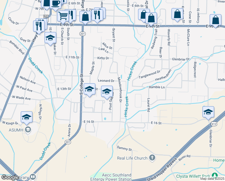 map of restaurants, bars, coffee shops, grocery stores, and more near 1310 Post Oak Road in Mountain Home