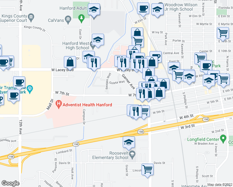 map of restaurants, bars, coffee shops, grocery stores, and more near 1000 West 7th Street in Hanford