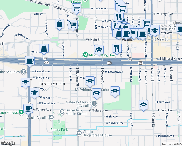 map of restaurants, bars, coffee shops, grocery stores, and more near 1011 West Kaweah Avenue in Visalia