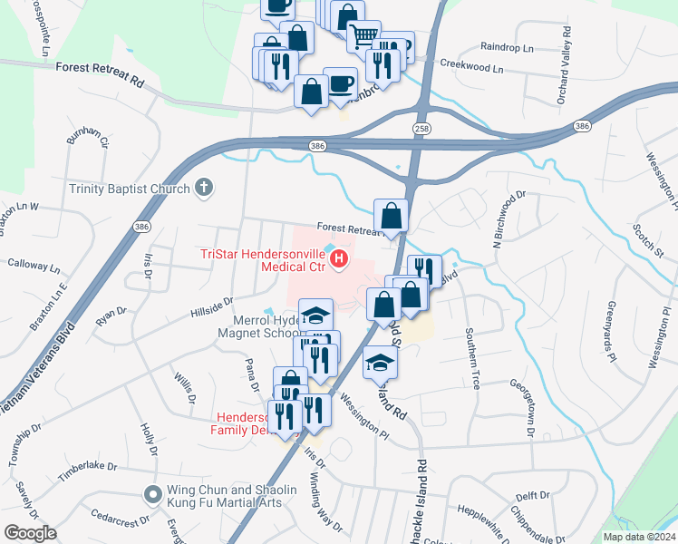 map of restaurants, bars, coffee shops, grocery stores, and more near 355 New Shackle Island Road in Hendersonville
