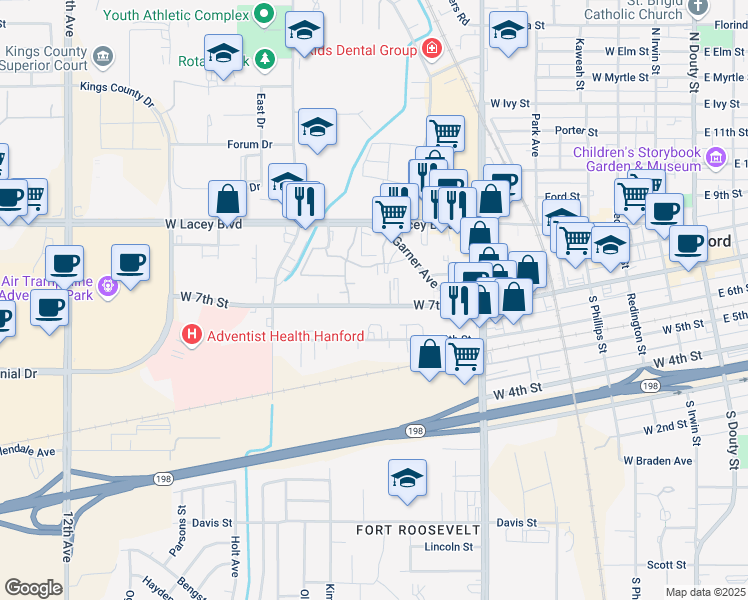 map of restaurants, bars, coffee shops, grocery stores, and more near 1000 West 7th Street in Hanford