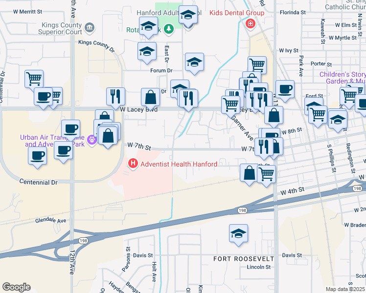 map of restaurants, bars, coffee shops, grocery stores, and more near 1126 West 7th Street in Hanford