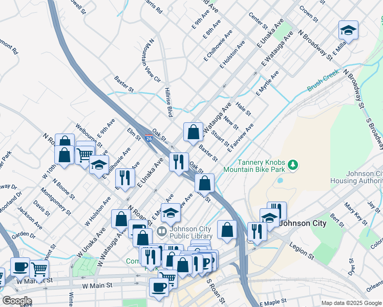 map of restaurants, bars, coffee shops, grocery stores, and more near 408 East Watauga Avenue in Johnson City