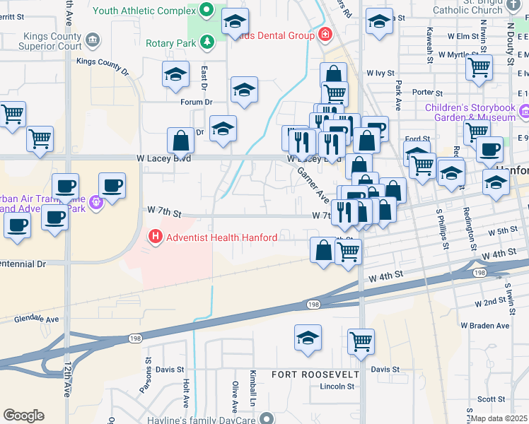 map of restaurants, bars, coffee shops, grocery stores, and more near 1020 West 7th Street in Hanford