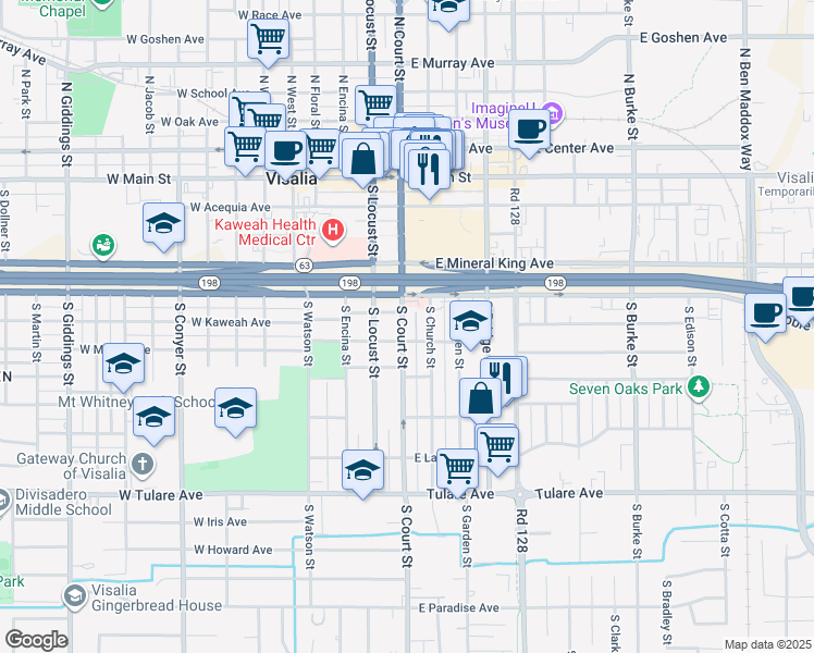 map of restaurants, bars, coffee shops, grocery stores, and more near 508 South Court Street in Visalia