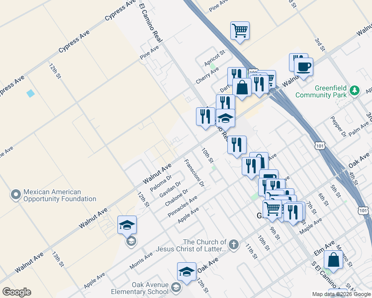 map of restaurants, bars, coffee shops, grocery stores, and more near 1032 Walnut Avenue in Greenfield