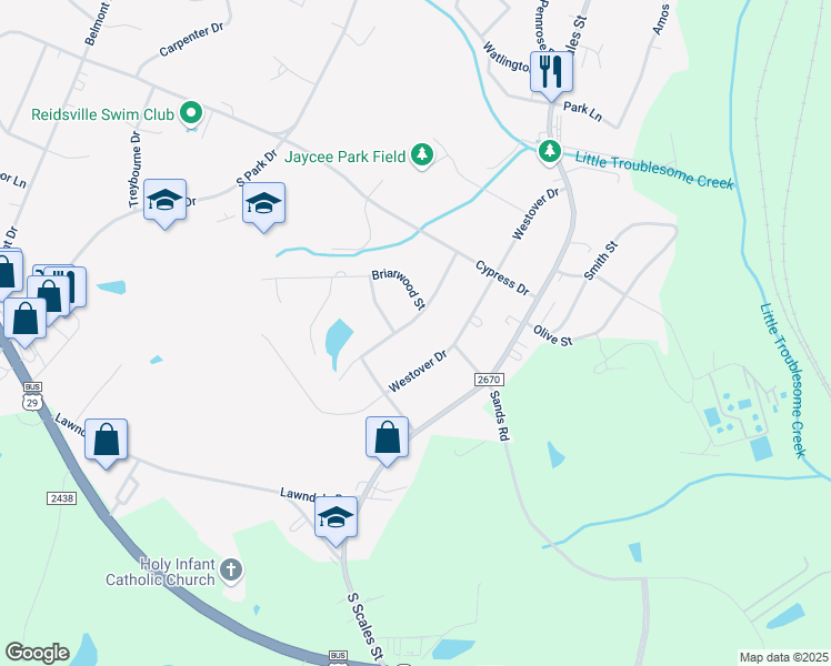 map of restaurants, bars, coffee shops, grocery stores, and more near 2403 Lemar Drive in Reidsville