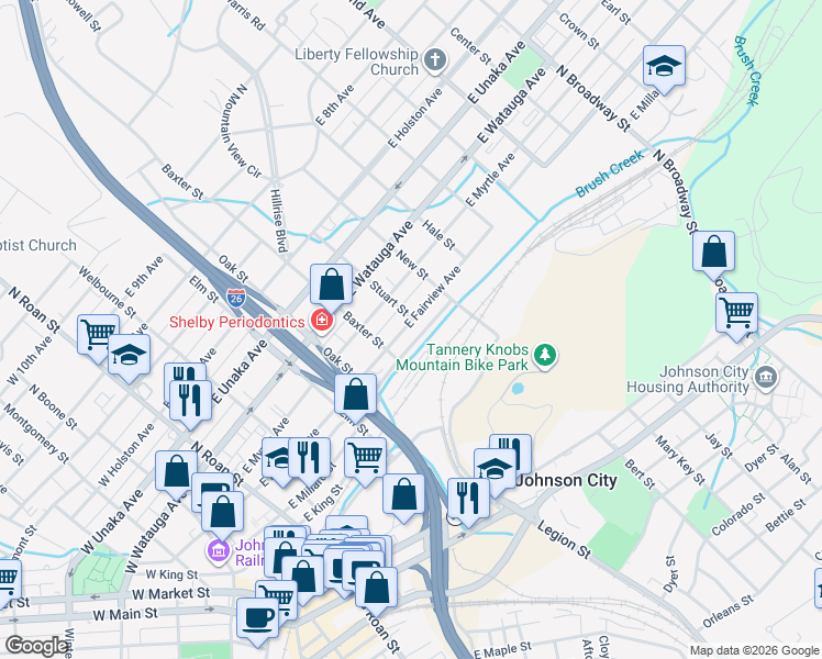 map of restaurants, bars, coffee shops, grocery stores, and more near 512 East Fairview Avenue in Johnson City