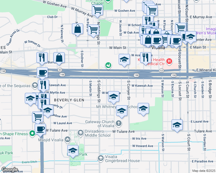 map of restaurants, bars, coffee shops, grocery stores, and more near 1115 West Kaweah Avenue in Visalia