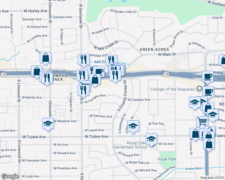 map of restaurants, bars, coffee shops, grocery stores, and more near 3247 West Noble Avenue in Visalia