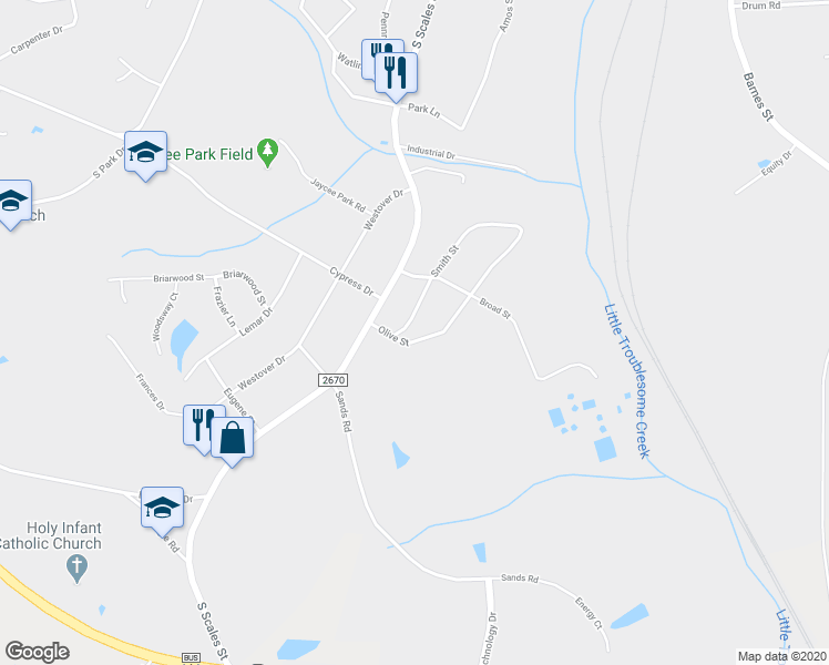 map of restaurants, bars, coffee shops, grocery stores, and more near 2225 Smith Street in Reidsville