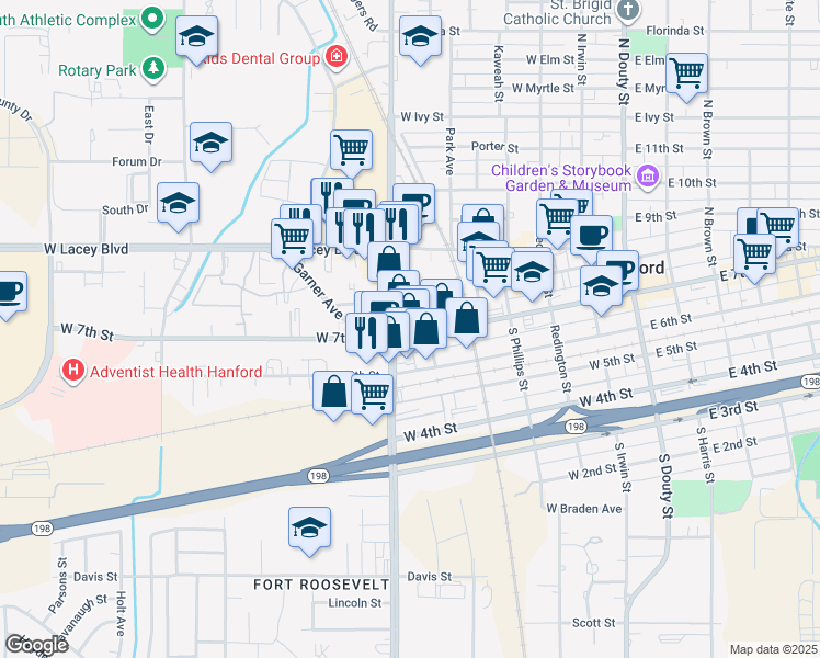 map of restaurants, bars, coffee shops, grocery stores, and more near 211-255 N 11th Ave in Hanford