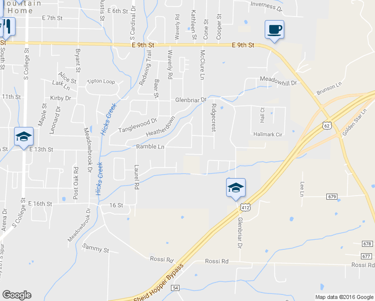 map of restaurants, bars, coffee shops, grocery stores, and more near 1124 Ramble Lane in Mountain Home