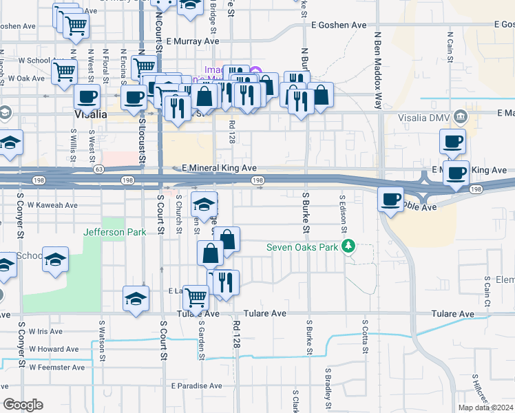 map of restaurants, bars, coffee shops, grocery stores, and more near 607 East Kaweah Avenue in Visalia