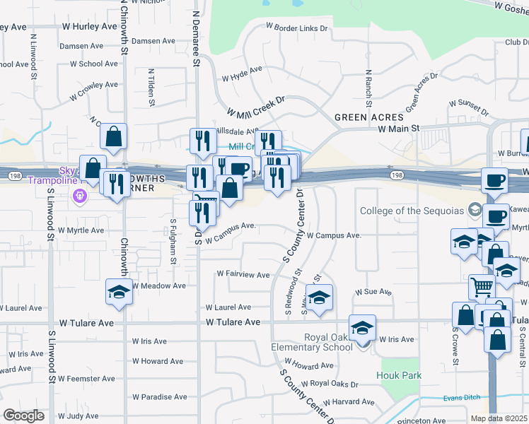 map of restaurants, bars, coffee shops, grocery stores, and more near 3247 West Noble Avenue in Visalia
