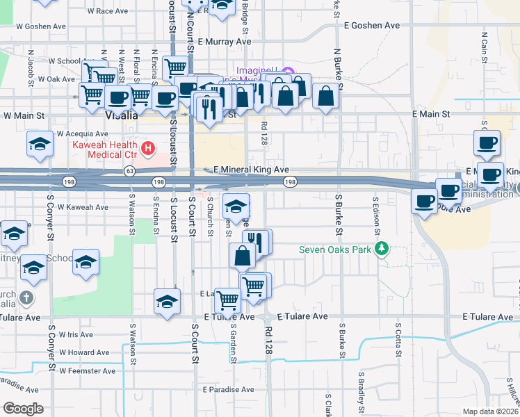 map of restaurants, bars, coffee shops, grocery stores, and more near 510 East Kaweah Avenue in Visalia