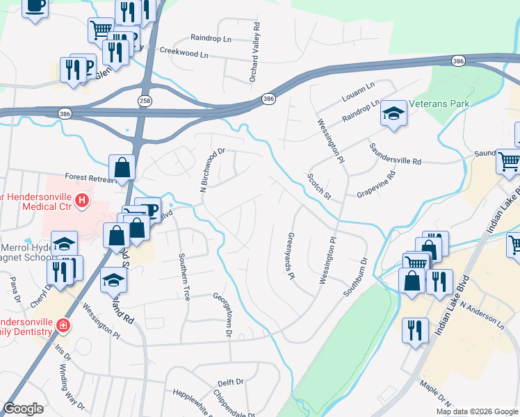 map of restaurants, bars, coffee shops, grocery stores, and more near 105 Edgeview Drive in Hendersonville