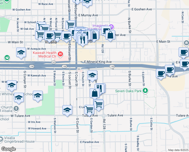 map of restaurants, bars, coffee shops, grocery stores, and more near 441 South Bridge Street in Visalia