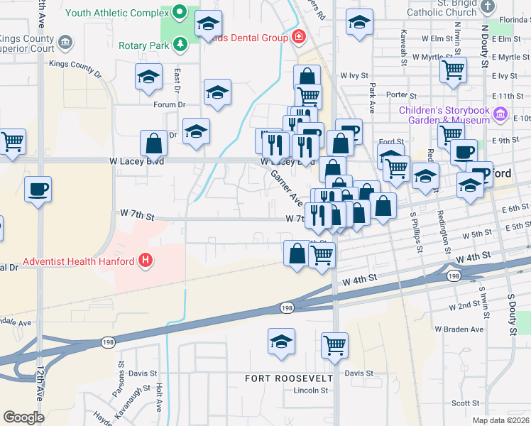 map of restaurants, bars, coffee shops, grocery stores, and more near 1000 West 7th Street in Hanford
