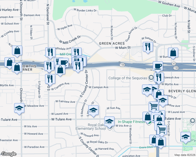 map of restaurants, bars, coffee shops, grocery stores, and more near 607 South Whitney Street in Visalia