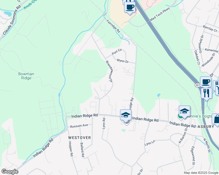 map of restaurants, bars, coffee shops, grocery stores, and more near 161 Brandonwood Drive in Johnson City