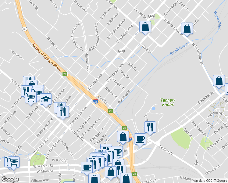 map of restaurants, bars, coffee shops, grocery stores, and more near 502 E Myrtle Ave in Johnson City