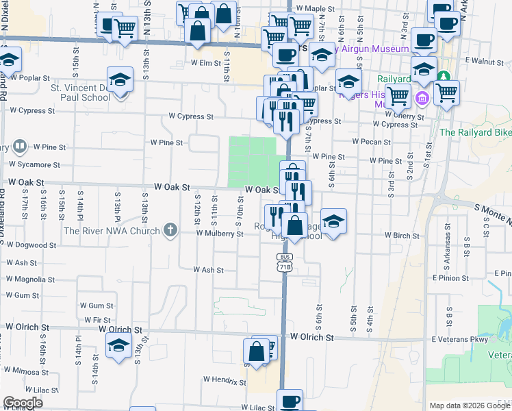 map of restaurants, bars, coffee shops, grocery stores, and more near 908 South 9th Street in Rogers