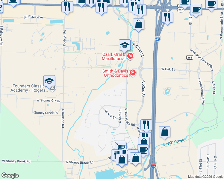 map of restaurants, bars, coffee shops, grocery stores, and more near 802 S 54th Pl in Rogers