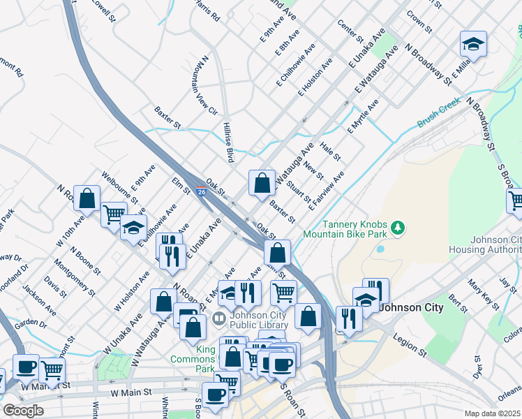 map of restaurants, bars, coffee shops, grocery stores, and more near 408 East Watauga Avenue in Johnson City