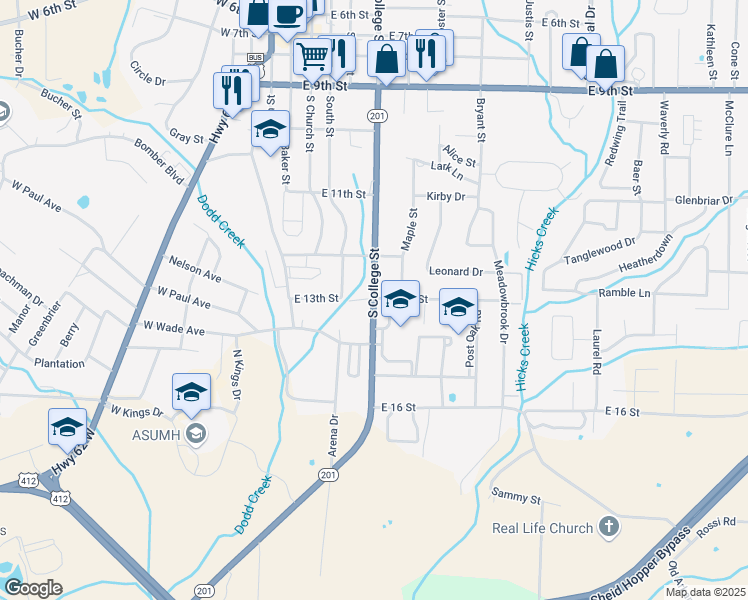 map of restaurants, bars, coffee shops, grocery stores, and more near 1301 South College Street in Mountain Home