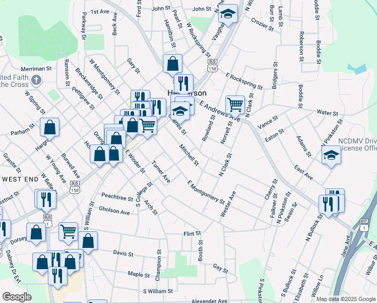 map of restaurants, bars, coffee shops, grocery stores, and more near 219 North College Street in Henderson