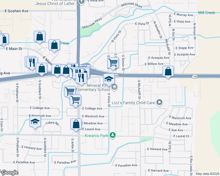 map of restaurants, bars, coffee shops, grocery stores, and more near 3333 East Kaweah Avenue in Visalia