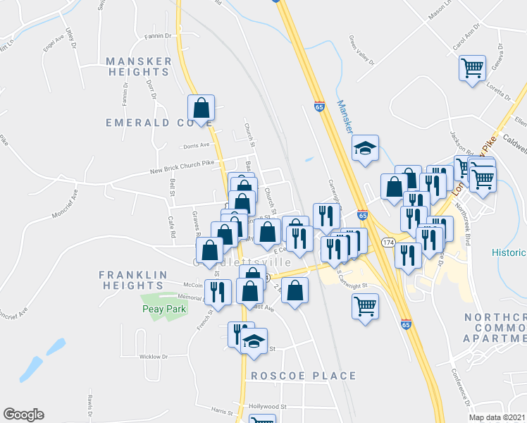 map of restaurants, bars, coffee shops, grocery stores, and more near 118 Connell Street in Goodlettsville