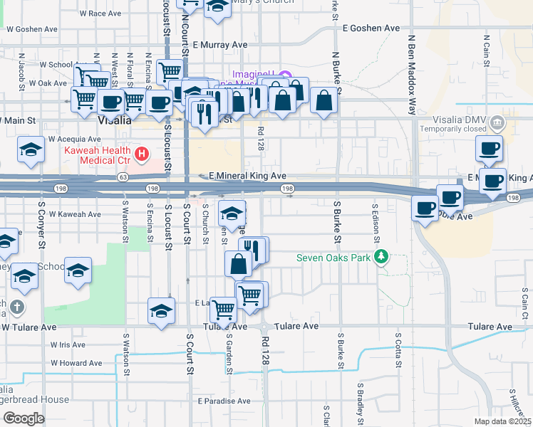 map of restaurants, bars, coffee shops, grocery stores, and more near 510 East Kaweah Avenue in Visalia