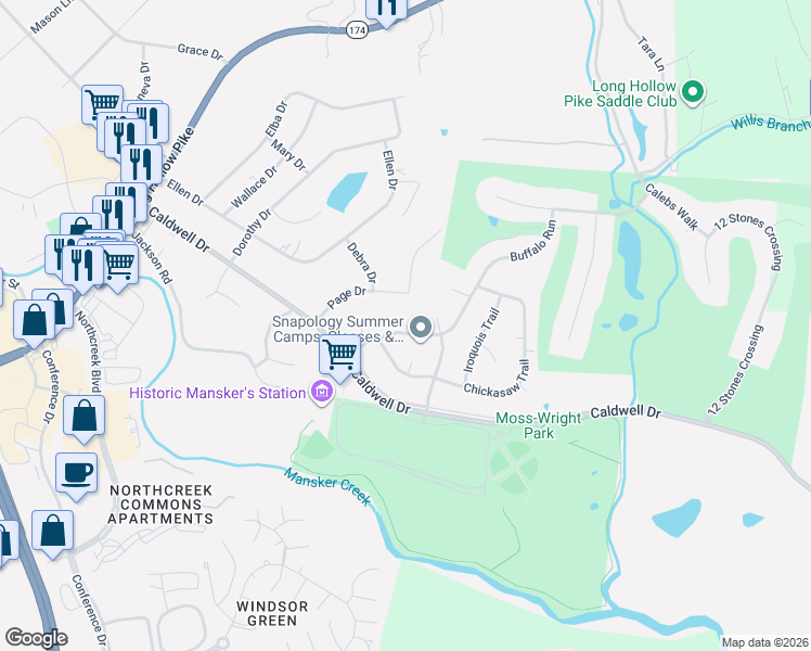 map of restaurants, bars, coffee shops, grocery stores, and more near 208 Buffalo Run in Goodlettsville