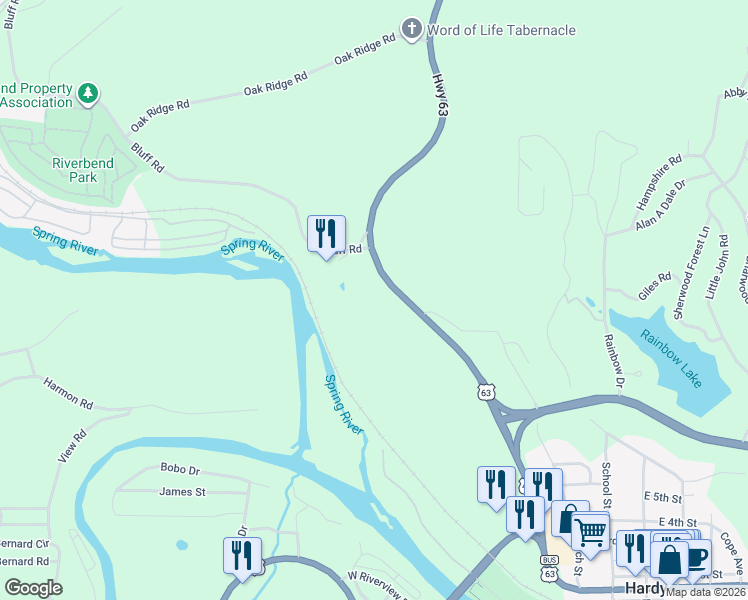 map of restaurants, bars, coffee shops, grocery stores, and more near 16 Bluff Road in Hardy