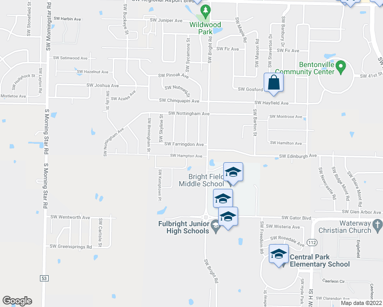 map of restaurants, bars, coffee shops, grocery stores, and more near 2101 Southwest Farringdon Avenue in Bentonville