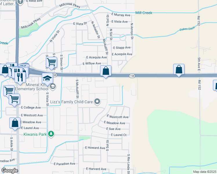 map of restaurants, bars, coffee shops, grocery stores, and more near Belmont Road in Visalia