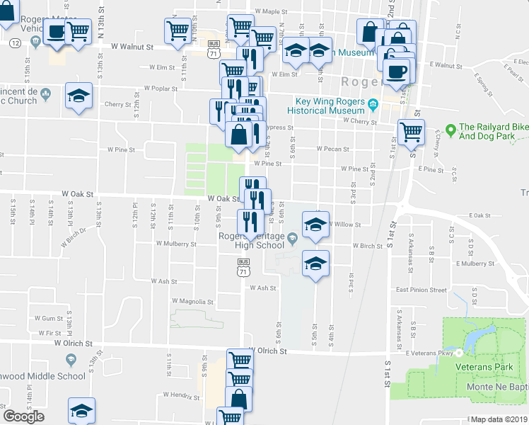 map of restaurants, bars, coffee shops, grocery stores, and more near 909 South 8th Street in Rogers