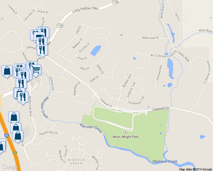 map of restaurants, bars, coffee shops, grocery stores, and more near 208 Buffalo Run in Goodlettsville