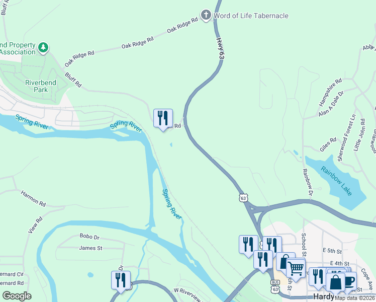 map of restaurants, bars, coffee shops, grocery stores, and more near 16 Bluff Road in Hardy