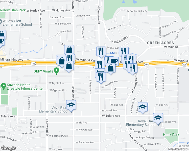 map of restaurants, bars, coffee shops, grocery stores, and more near 525 South Demaree Street in Visalia